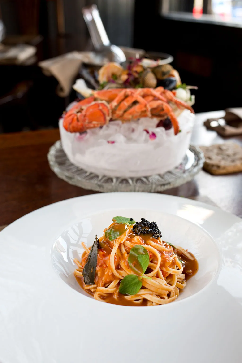 Lobster butter linguine, Menai mussels, basil, shellfish assiette