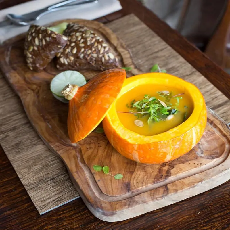 Pumpkin Soup: Roasted Butternut Pumpkin with liquorice bread