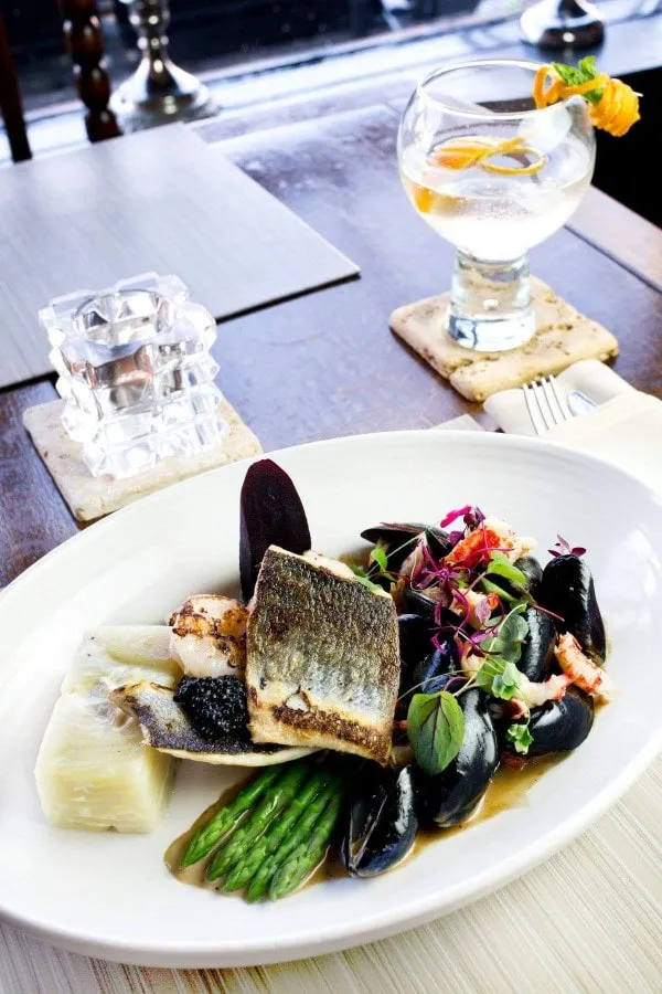 Champagne and caviar bass, dauphinoise, Menai mussels, crayfish butter